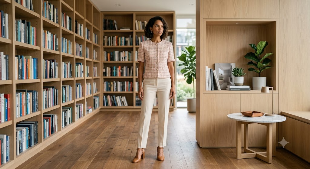 Short-Sleeve Tweed Jacket and Tailored Trousers